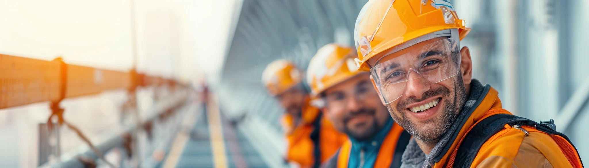 Smiling construction safety team in PPE on a high-rise project in Ontario, Canada.