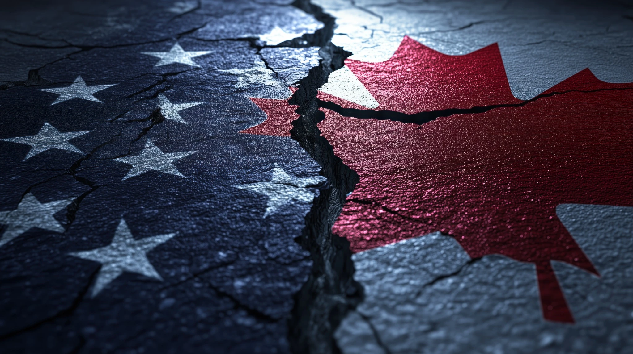 A cracked surface separates the Canadian maple leaf and U.S. stars, symbolizing the divide between legal standards and real-world safety practices.