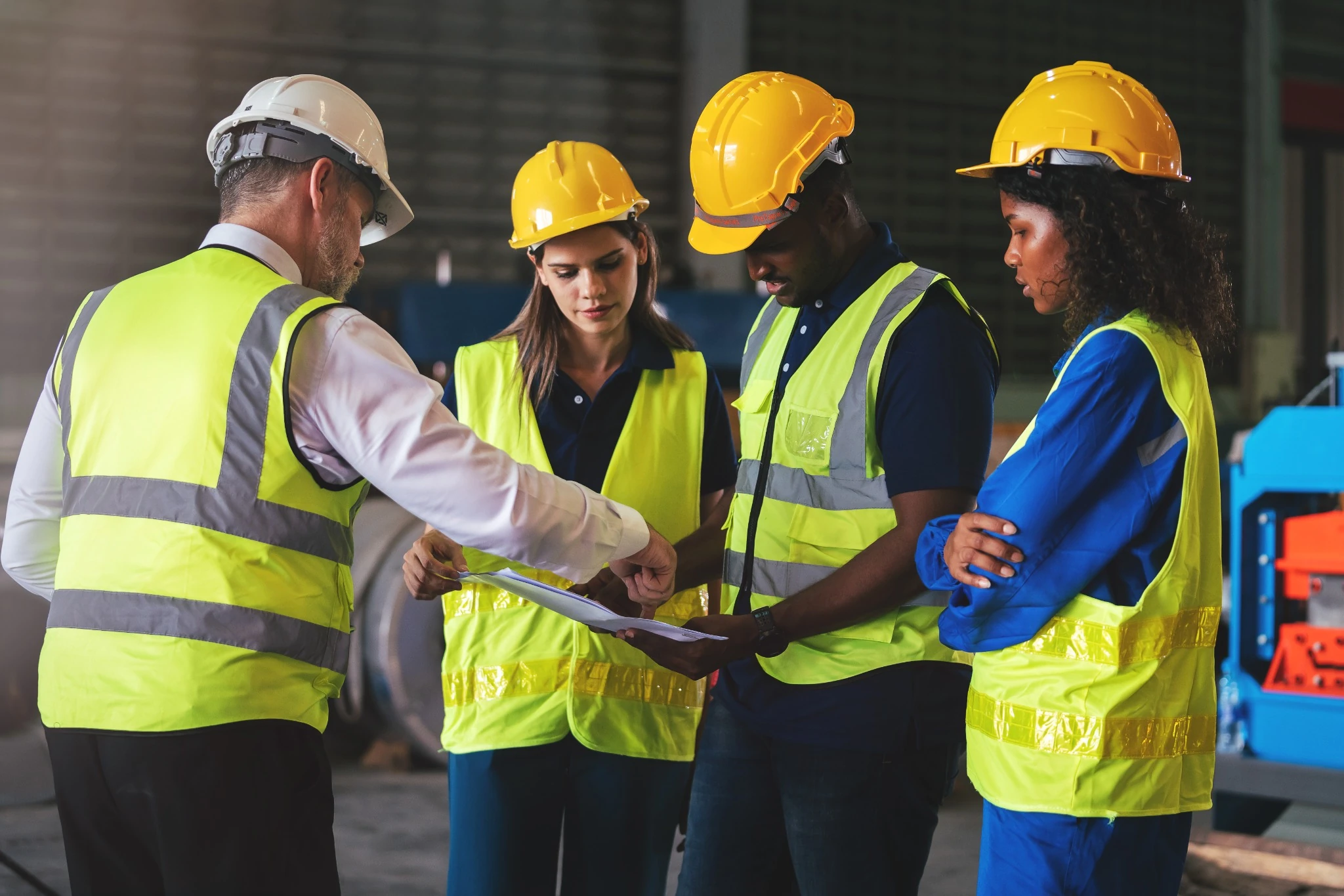 A safety leader coaches a diverse team of workers in PPE, reviewing procedures on the shop floor of an Ontario facility.